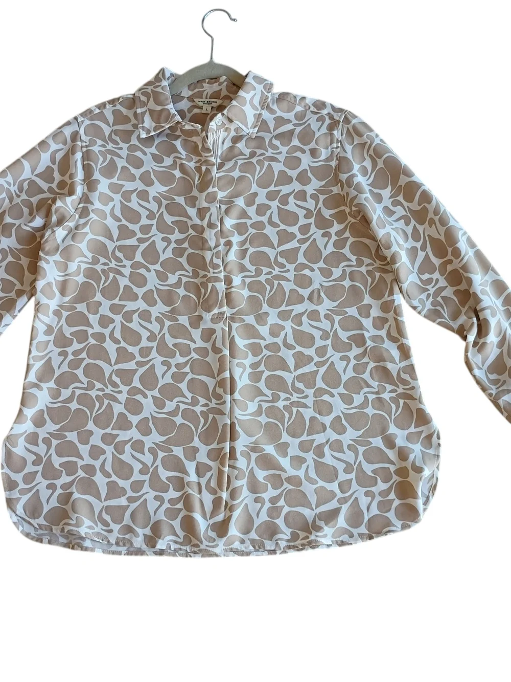 Max Studio Beige & Cream Leaf Like Print Button Down Blouse SZ L ❤️ - Picture 1 of 5